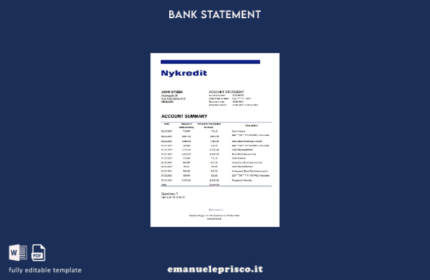 modello Excel di estratto conto bancario Danimarca Nykredit in stile verificato